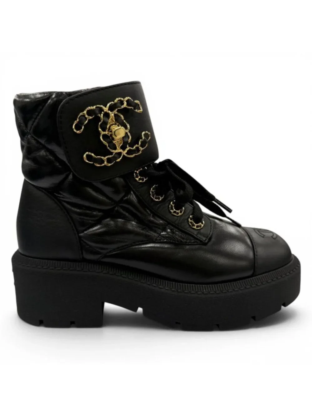 Chanel Quilted Chain CC Logo Turnlock Leather Short Boots Black 34 with